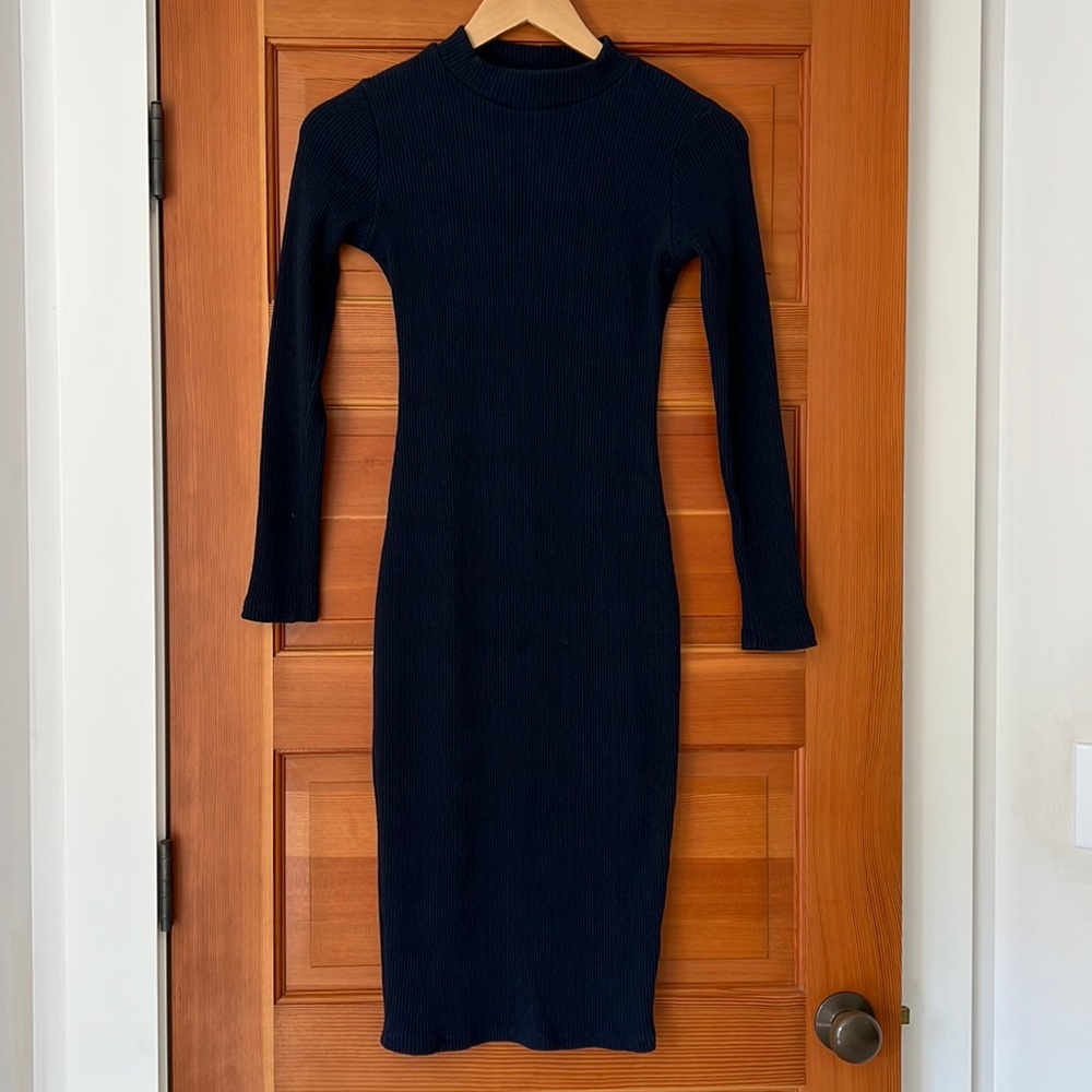 Lulu's Navy Blue Long Sleeve Mock Neck Midi Dress